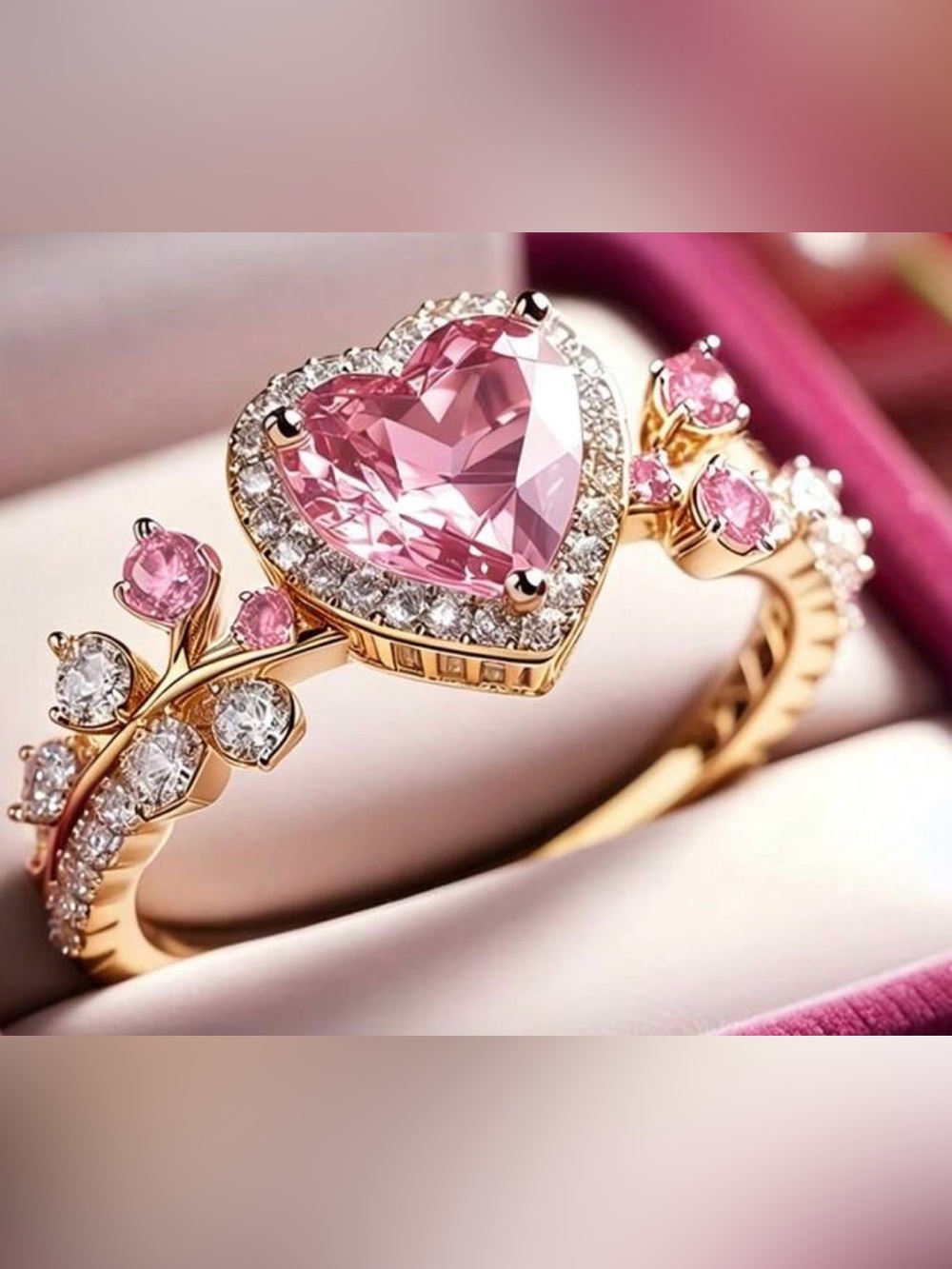 Pink Heart Crystal Floral Adjustable Ring Gold Tone Romantic Statement Ring